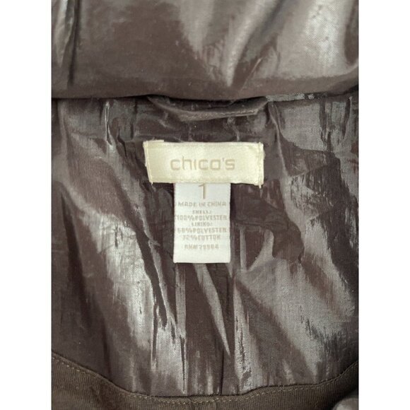 Chico’s 80’s Wet Look Brown Shiny Bomber Jacket Hooded 3/4 sleeve Size 1 / Med - Picture 8 of 12